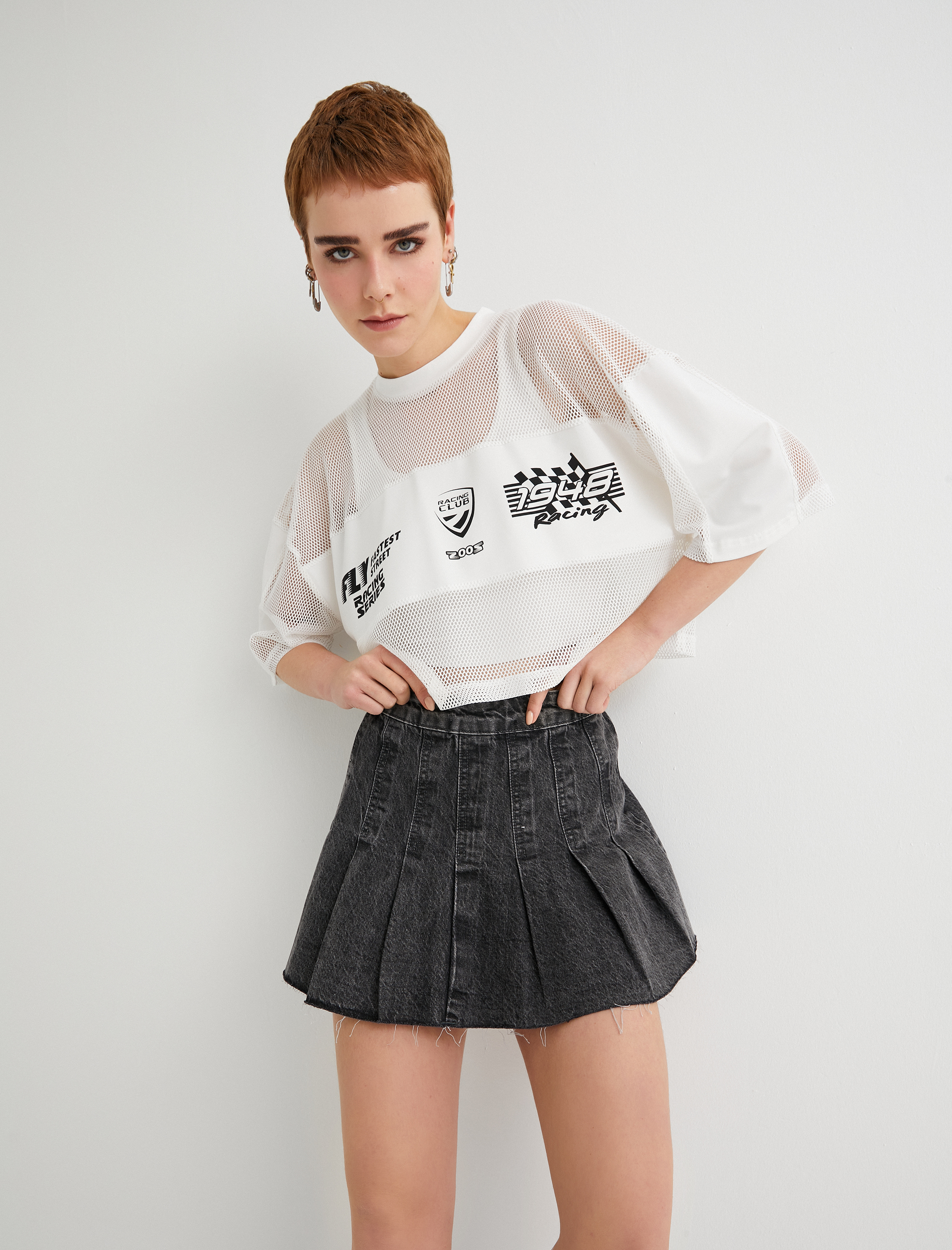   Pileli Kot Etek Mini Boy Yüksek Bel Rahat Kalıp