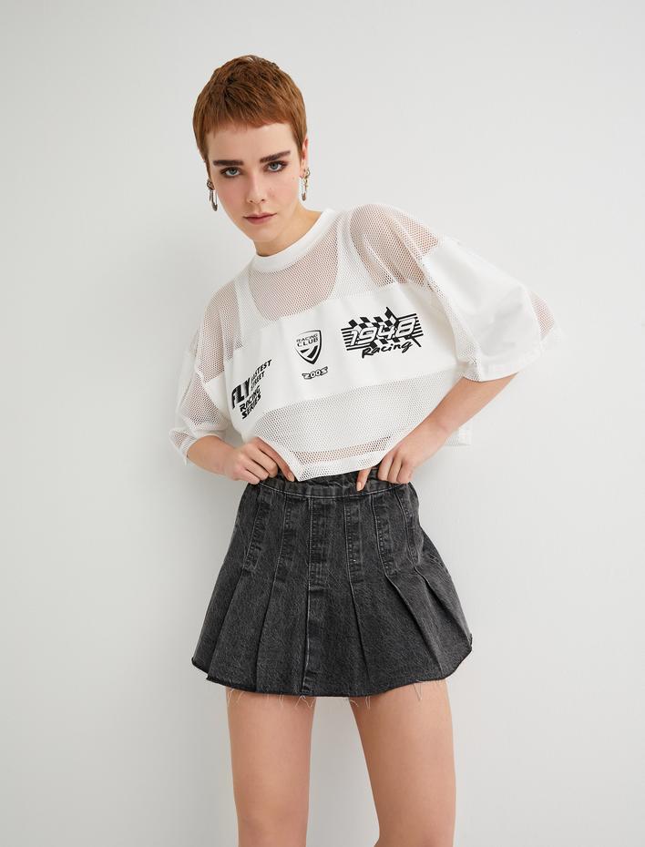  Pileli Kot Etek Mini Boy Yüksek Bel Rahat Kalıp