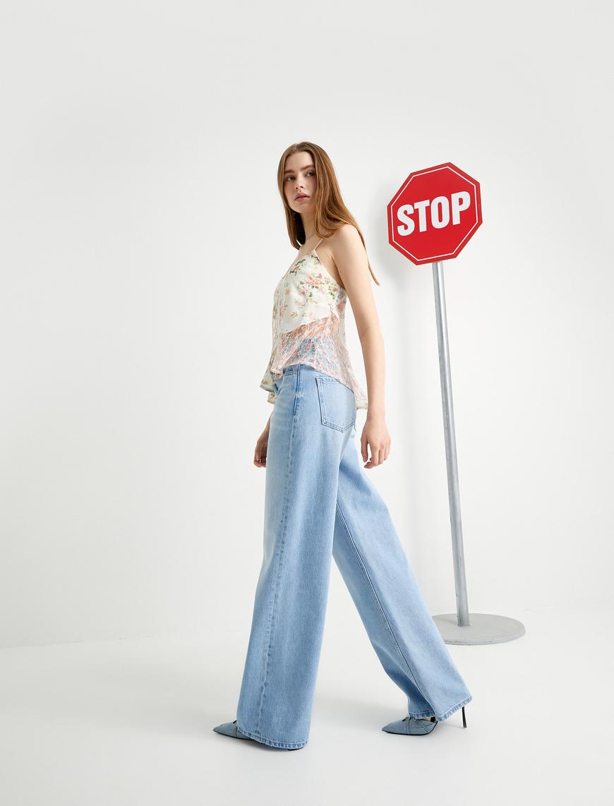   Bol Paça Kot Pantolon Standart Bel Cepli Pamuklu - Bianca Wide Leg Jeans