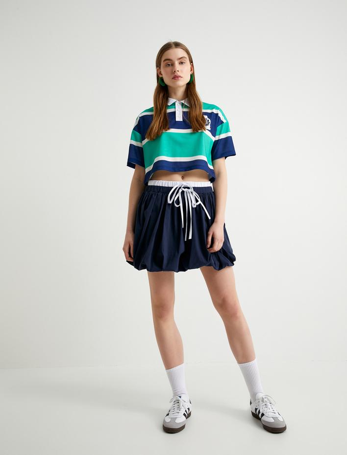  Mini Balon Etek Çift Bel Detaylı Renk Kontrastlı Fiyonk Detaylı