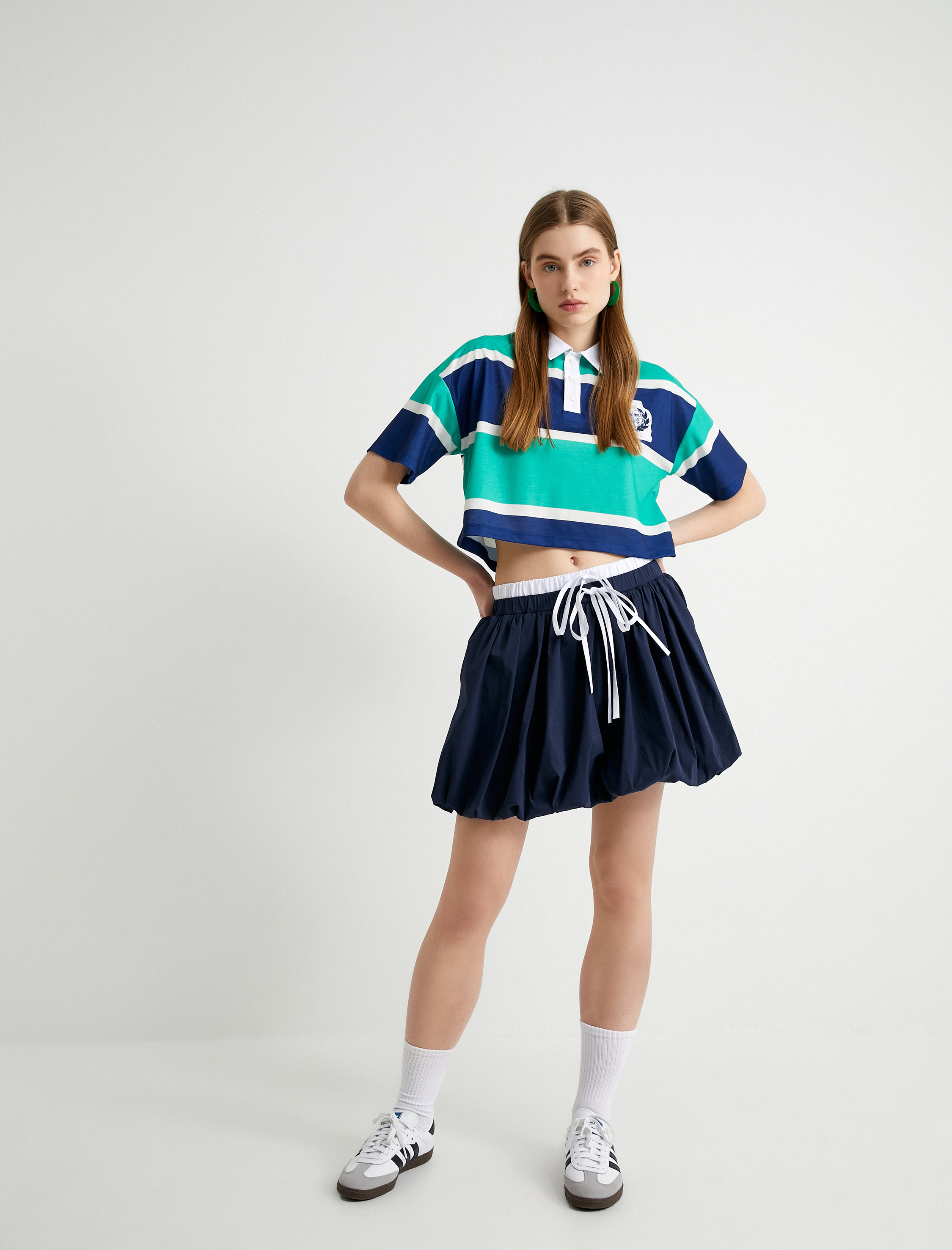   Polo Yaka Rugby Tişört Crop Düğmeli Kısa Kollu Rahat Kalıp