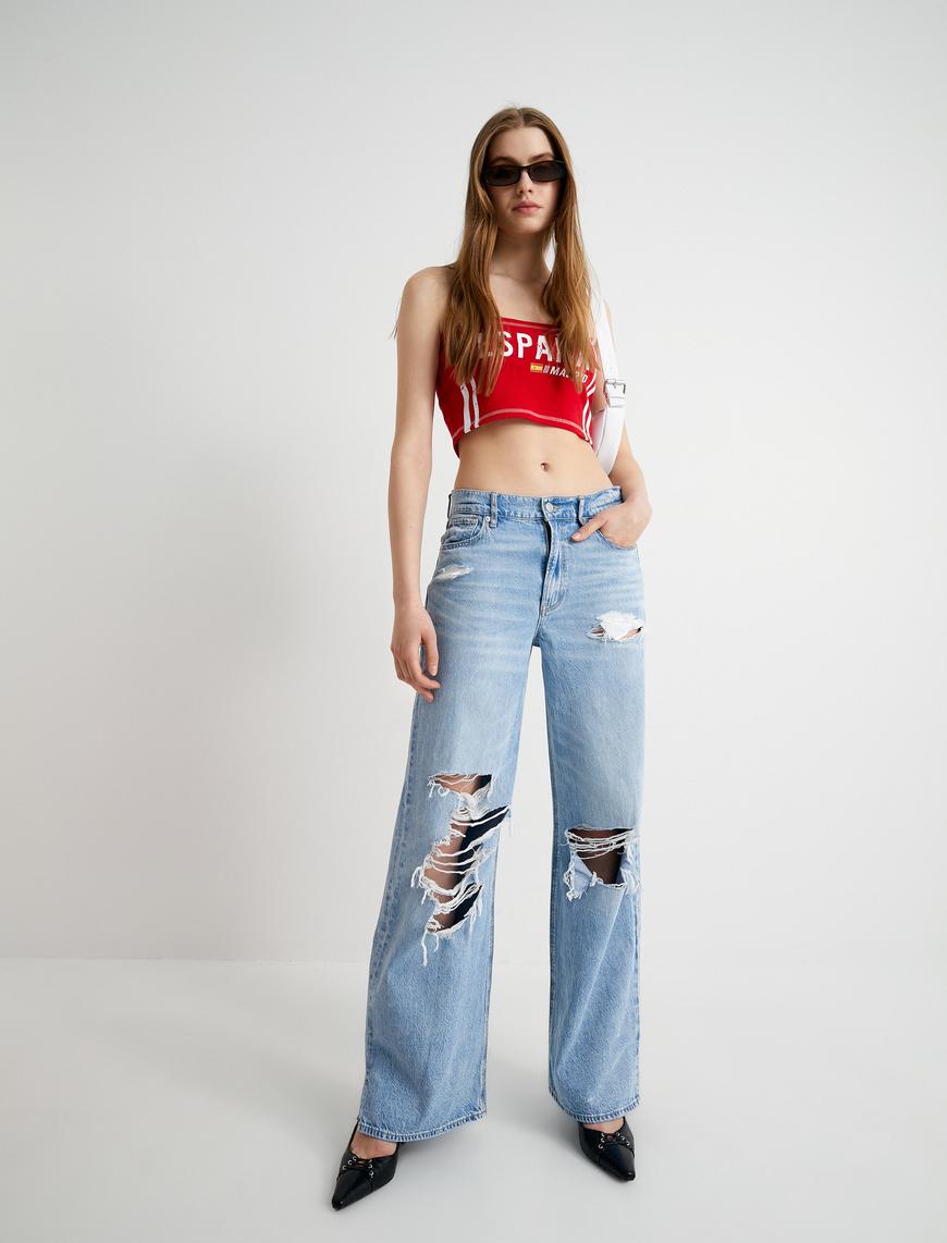   Straplez Crop Top Baskılı Slim Fit