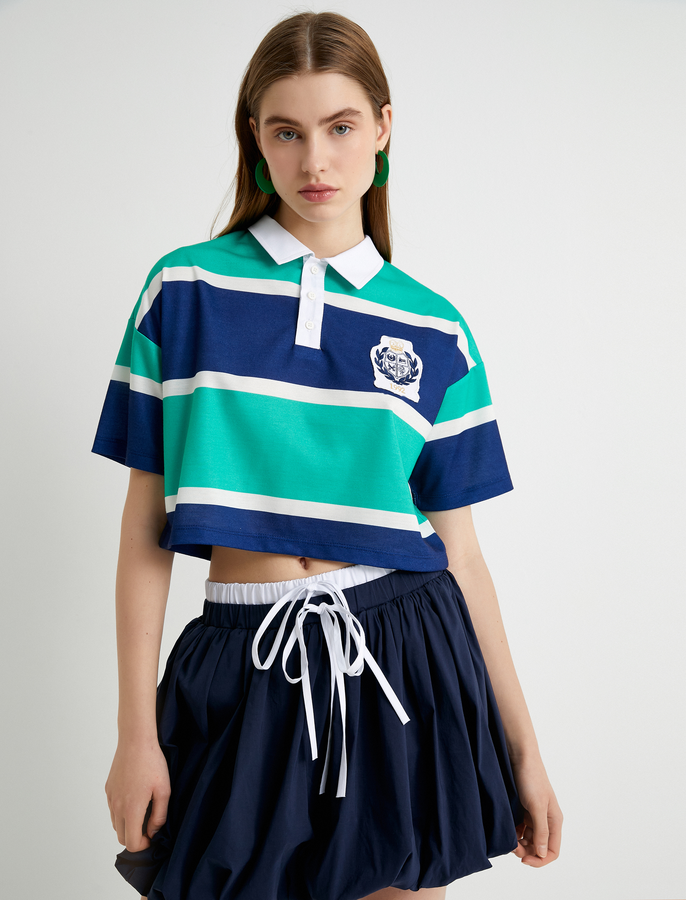   Polo Yaka Rugby Tişört Crop Düğmeli Kısa Kollu Rahat Kalıp