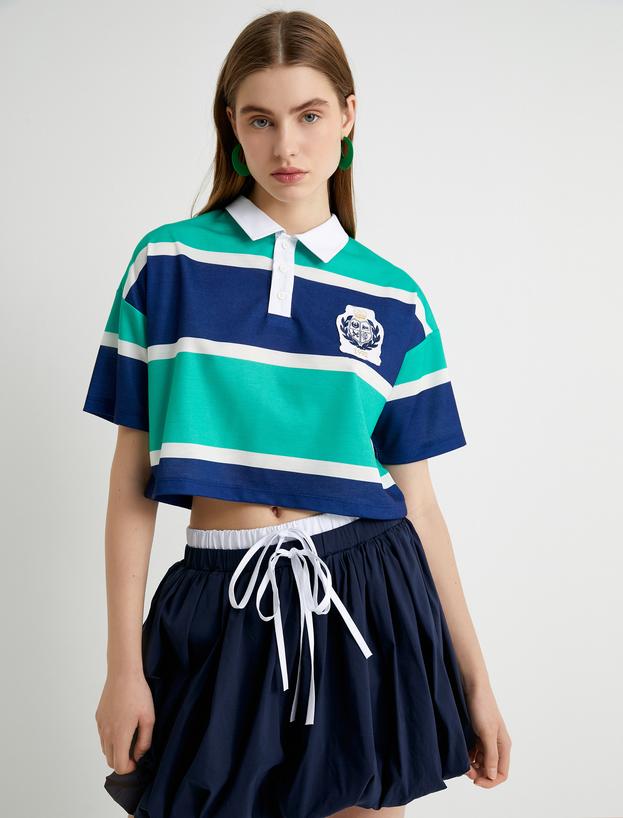 Polo Yaka Tişört Crop Düğmeli Kısa Kollu Rahat Kalıp_3