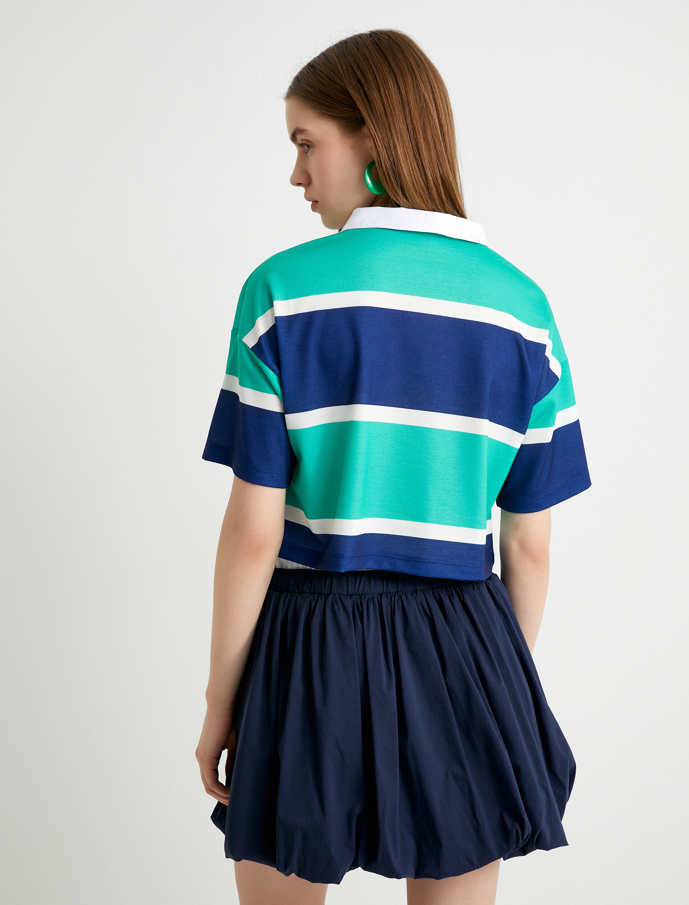   Polo Yaka Rugby Tişört Crop Düğmeli Kısa Kollu Rahat Kalıp