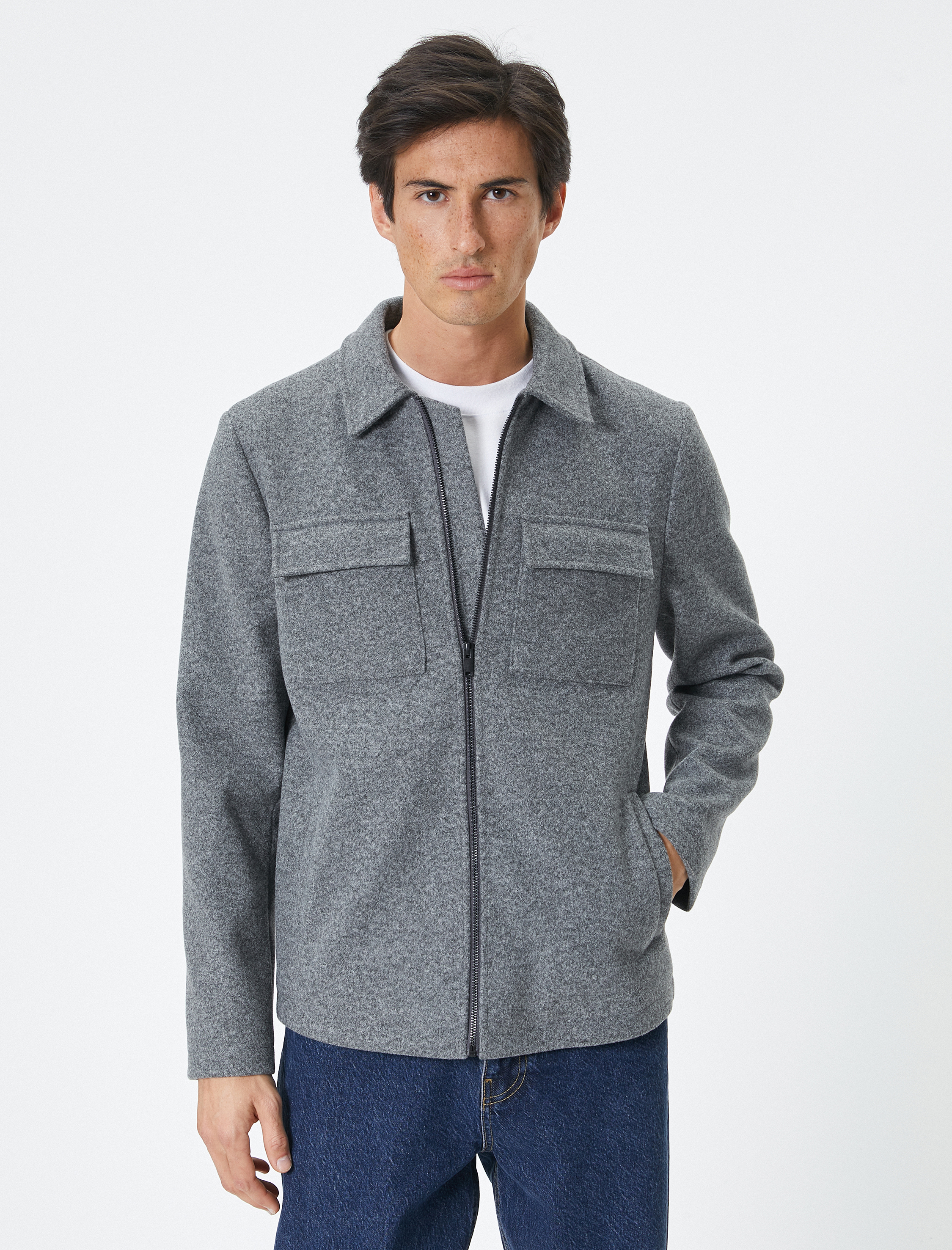   Slim Fit Ceket Cep Detaylı Kırçıllı Fermuarlı Viskon Karışımlı