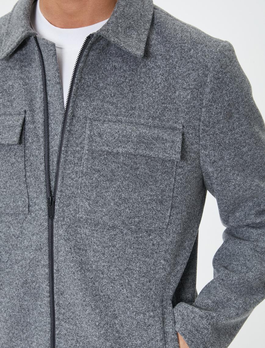  Slim Fit Ceket Cep Detaylı Kırçıllı Fermuarlı Viskon Karışımlı