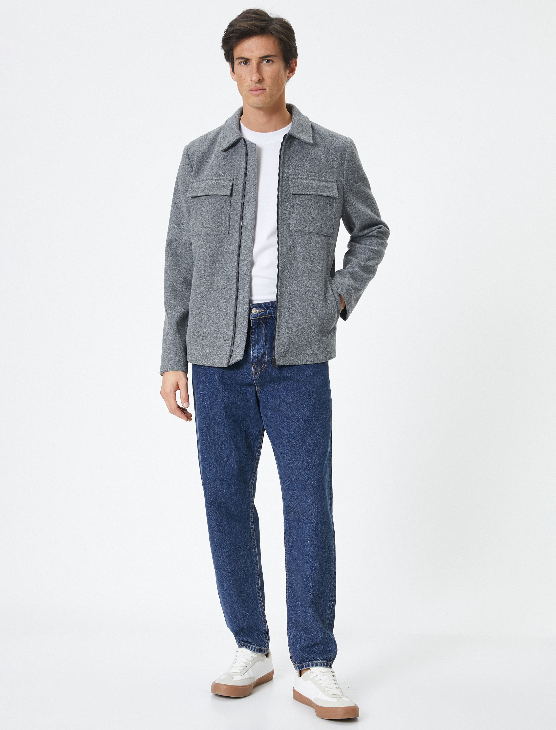   Slim Fit Ceket Cep Detaylı Kırçıllı Fermuarlı Viskon Karışımlı