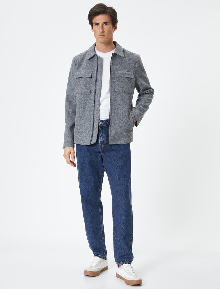  Slim Fit Ceket Cep Detaylı Kırçıllı Fermuarlı Viskon Karışımlı