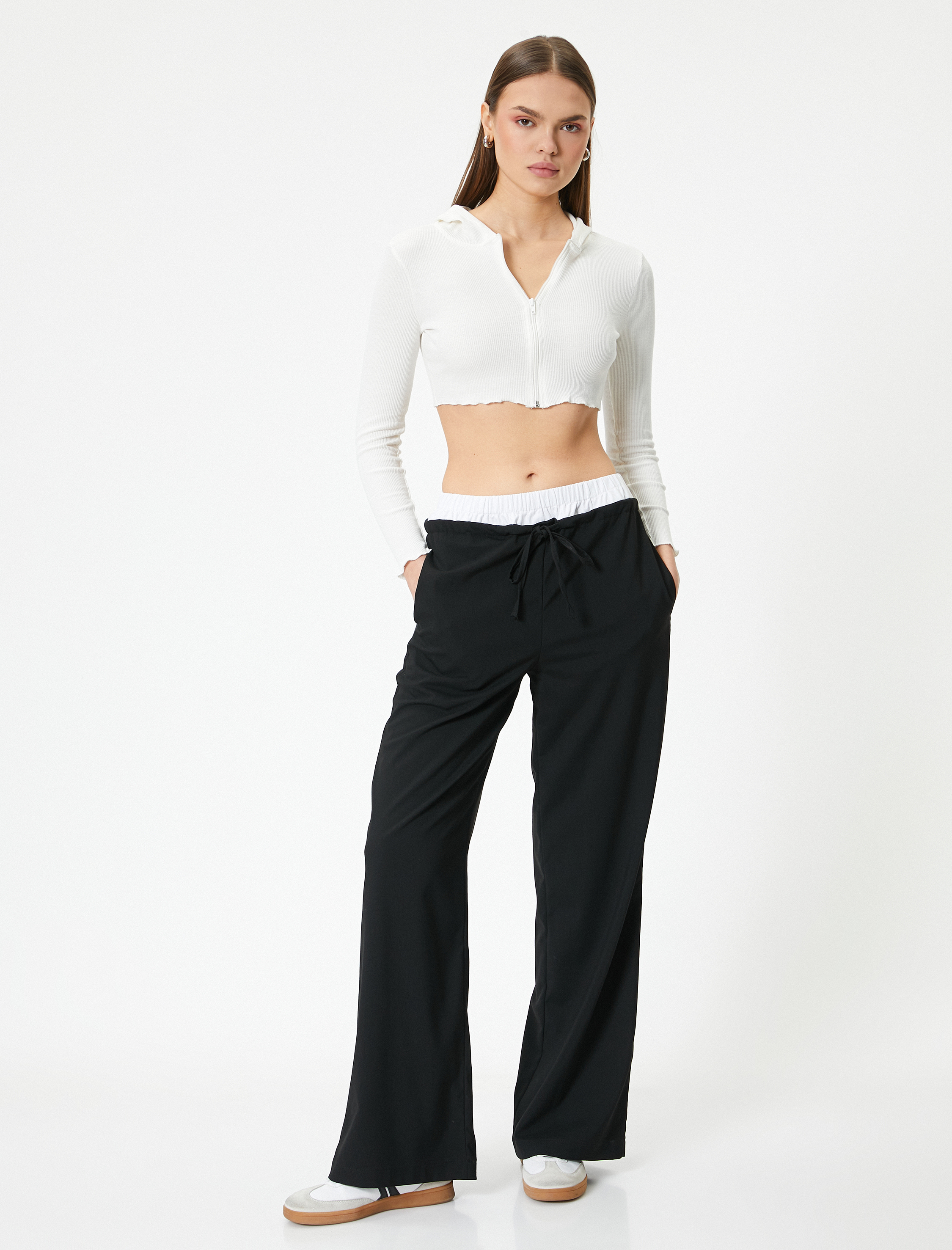   Crop Kapüşonlu Fermuarlı Hırka Uzun Kollu Slim Fit