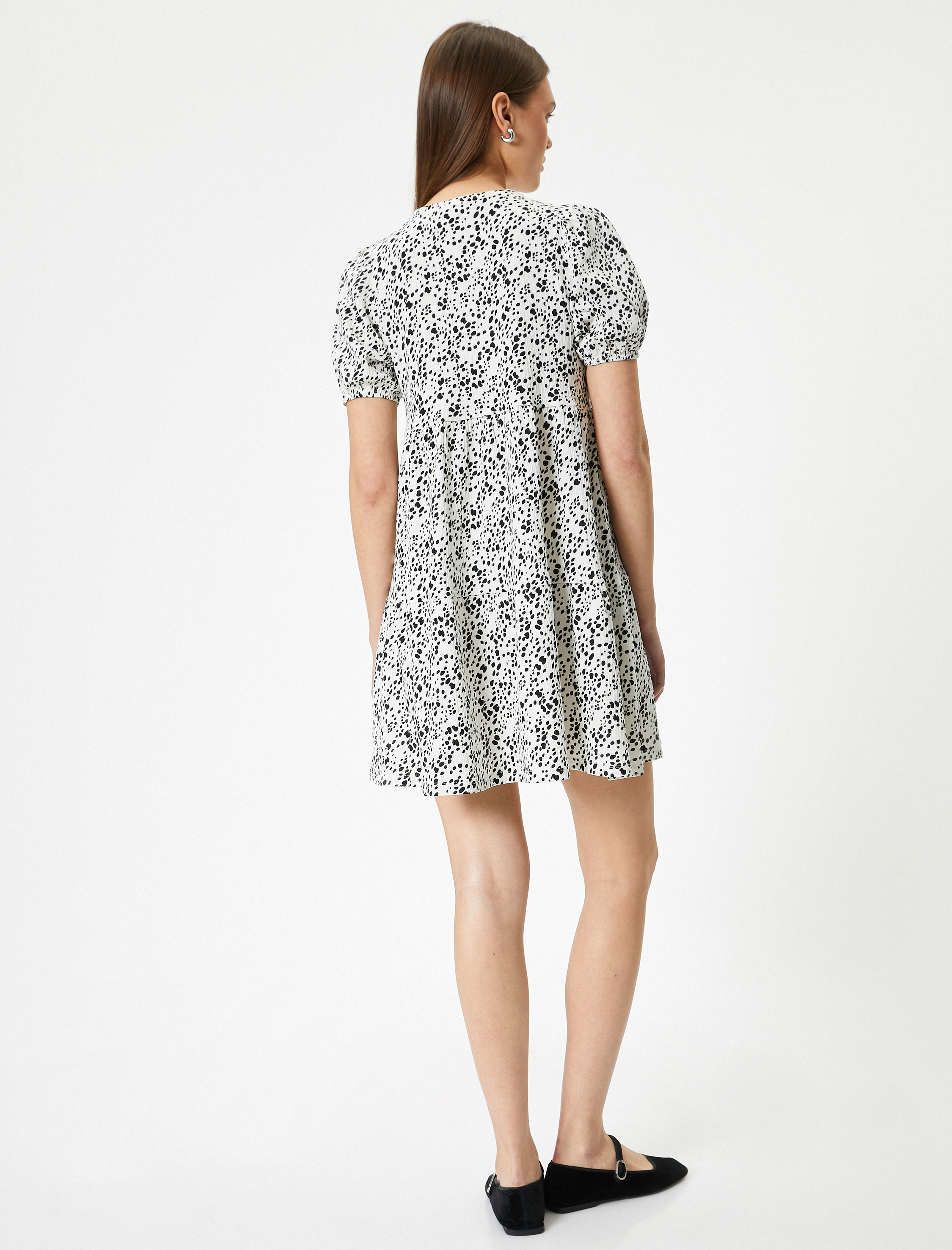   Mini Puantiyeli Elbise Kısa Kollu Yuvarlak Yaka Rahat Kalıp Bürümcük