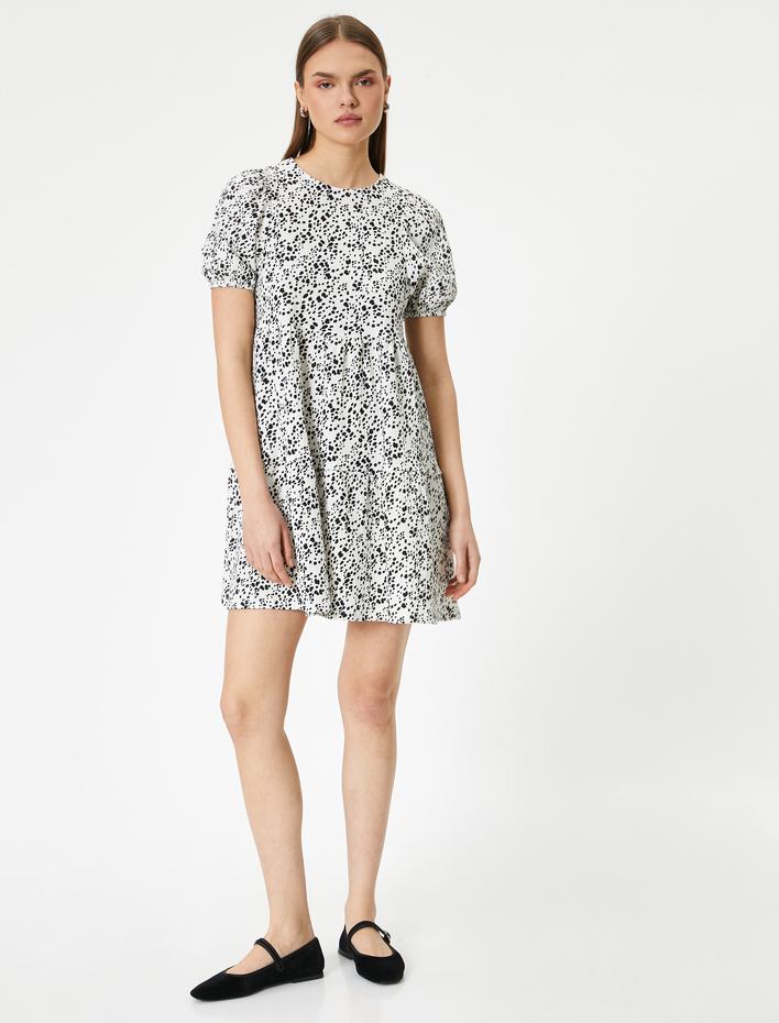  Mini Puantiyeli Elbise Kısa Kollu Yuvarlak Yaka Rahat Kalıp Bürümcük