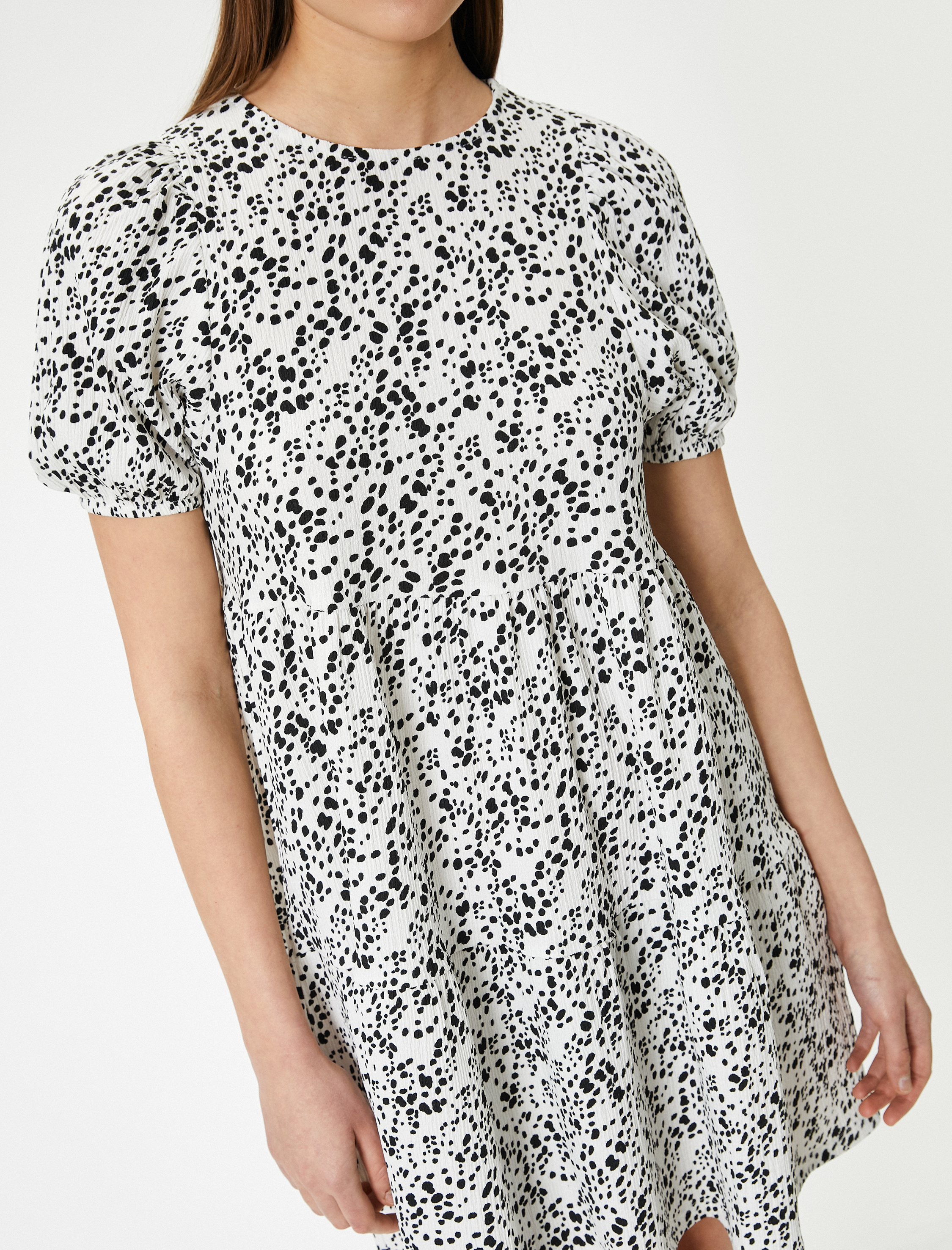   Mini Puantiyeli Elbise Kısa Kollu Yuvarlak Yaka Rahat Kalıp Bürümcük