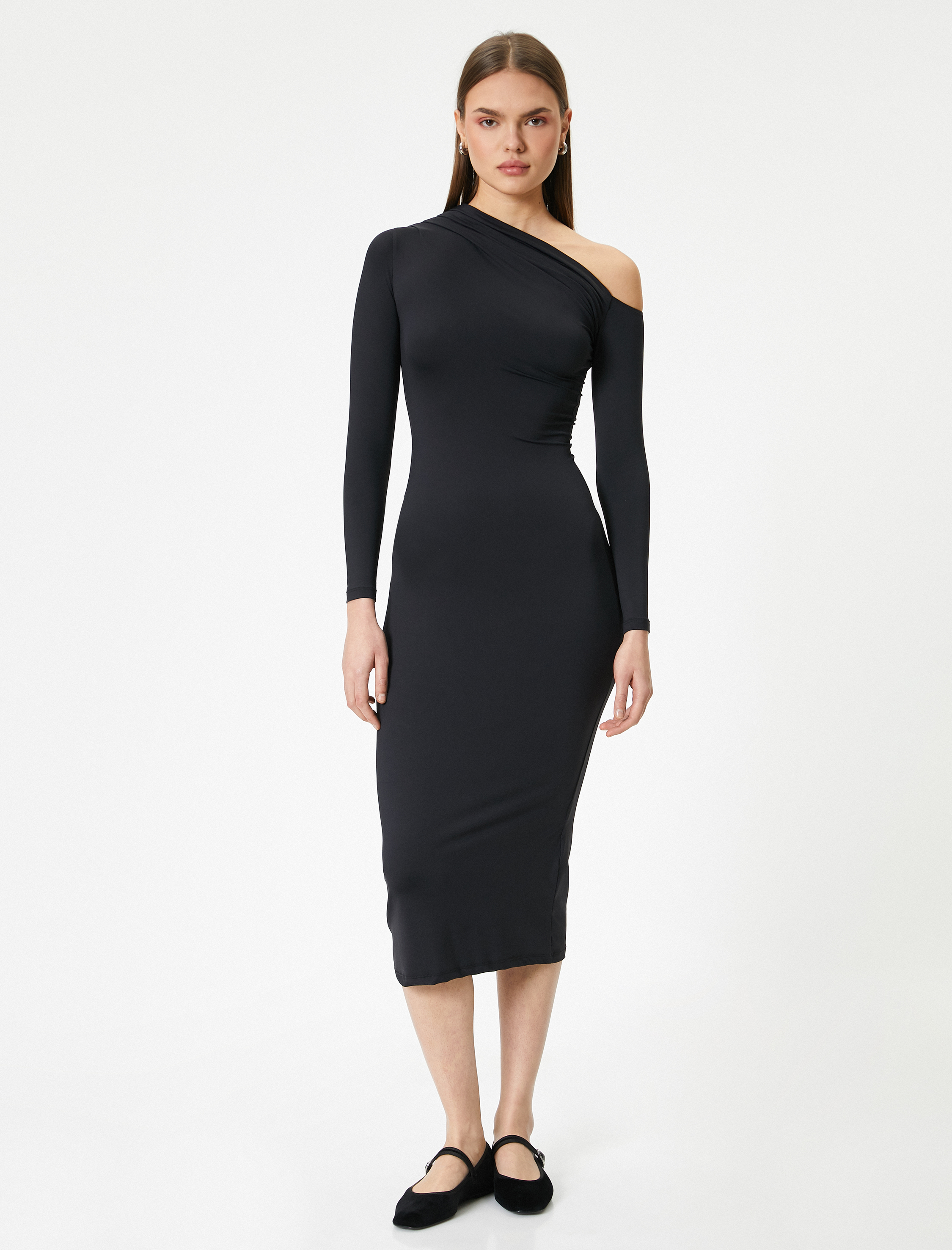   Tek Omuz Kalem Elbise Asimetrik Uzun Kollu Midi