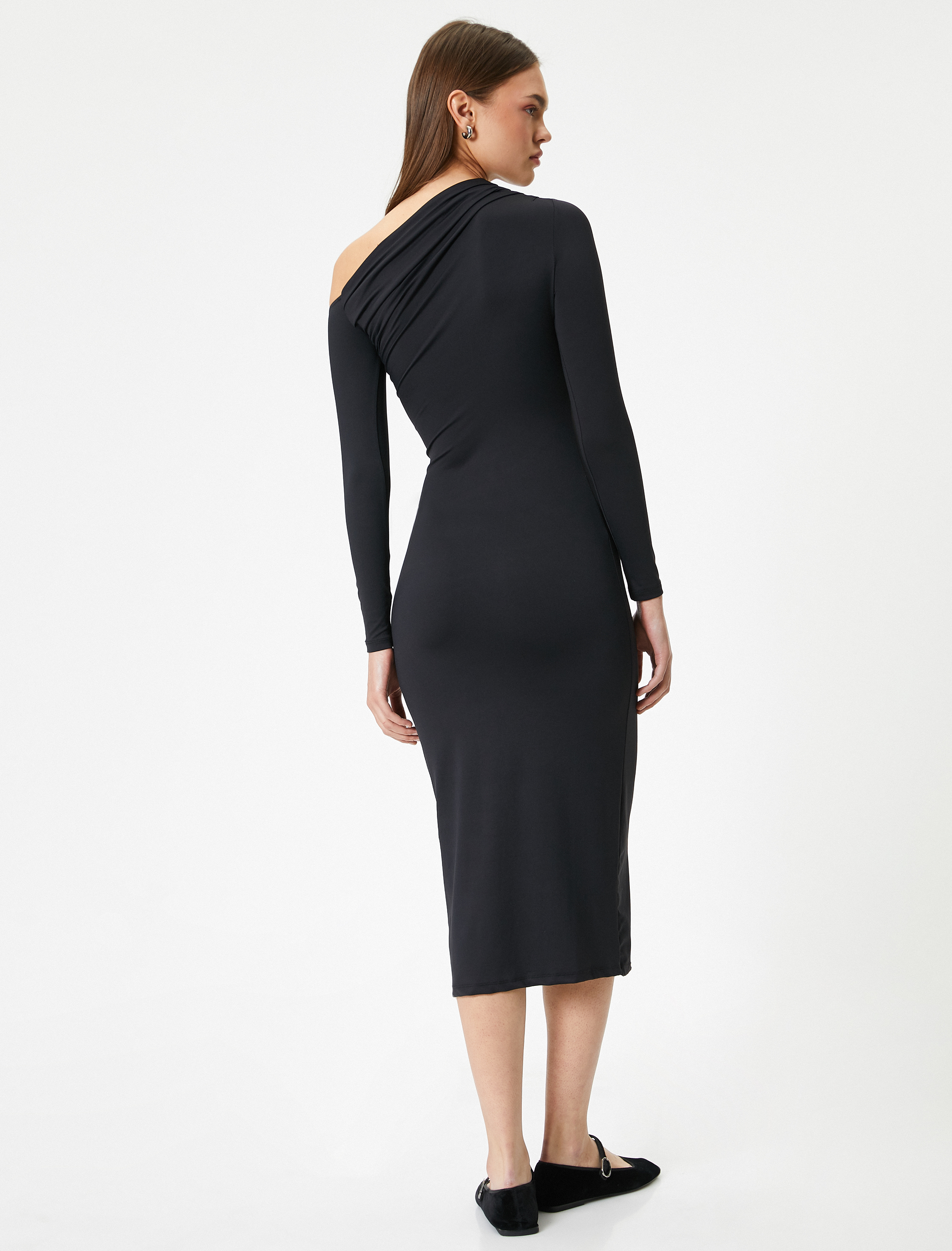   Tek Omuz Kalem Elbise Asimetrik Uzun Kollu Midi