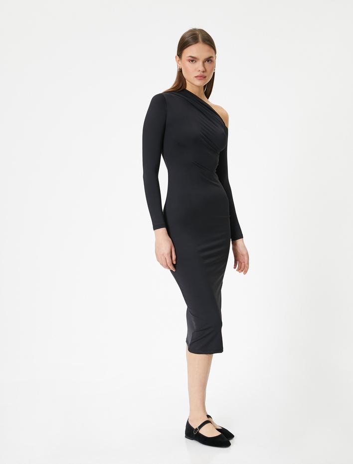  Tek Omuz Kalem Elbise Asimetrik Uzun Kollu Midi