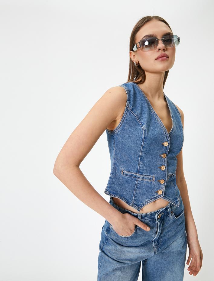  Kot Yelek Düğmeli Cepli Asimetrik Kesim Rahat Kalıp