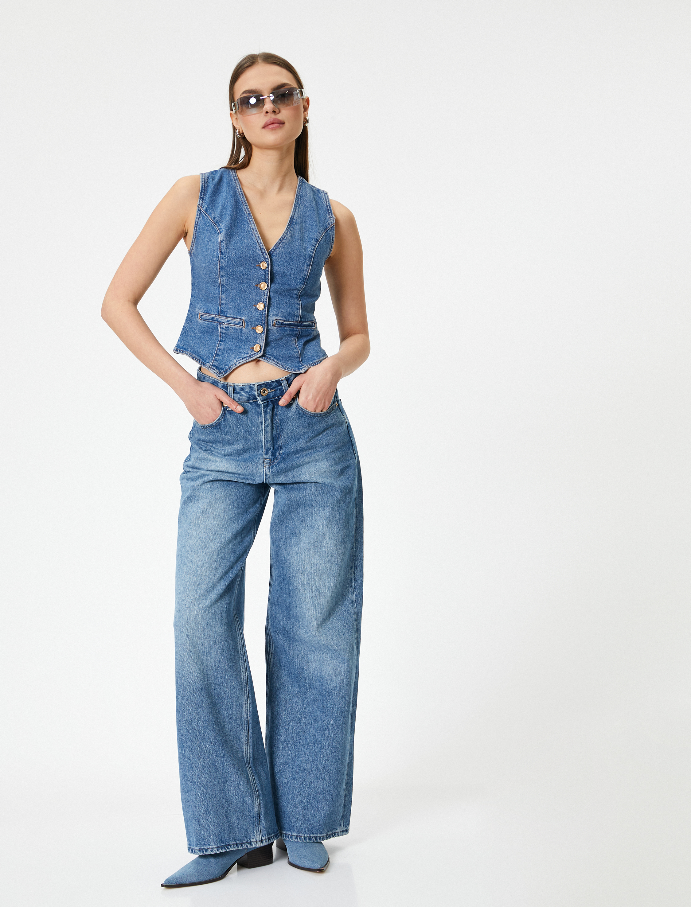   Kot Yelek Düğmeli Cepli Asimetrik Kesim Rahat Kalıp