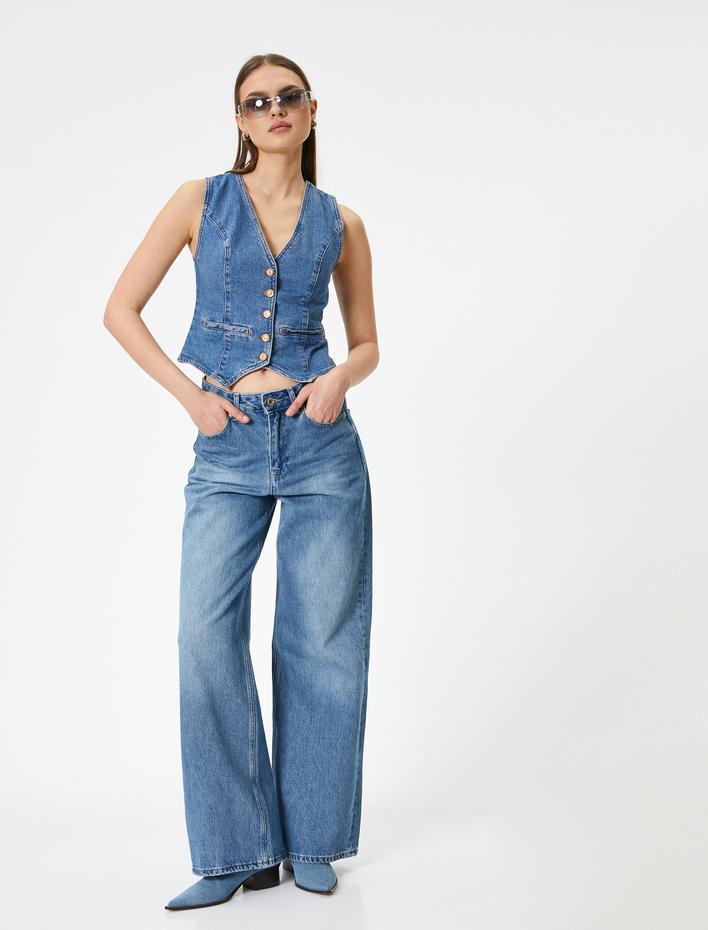  Kot Yelek Düğmeli Cepli Asimetrik Kesim Rahat Kalıp