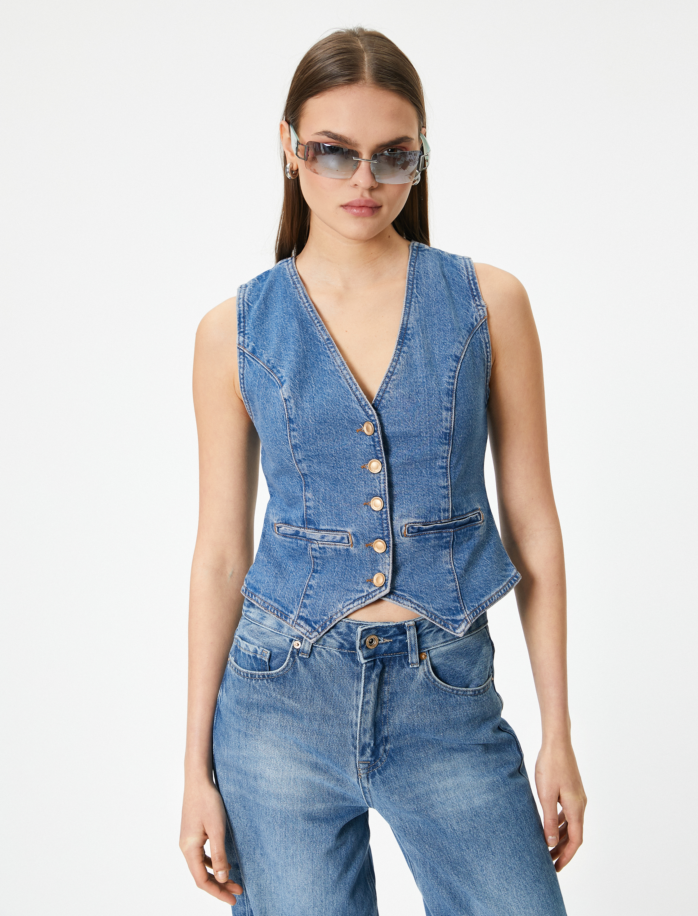   Kot Yelek Düğmeli Cepli Asimetrik Kesim Rahat Kalıp