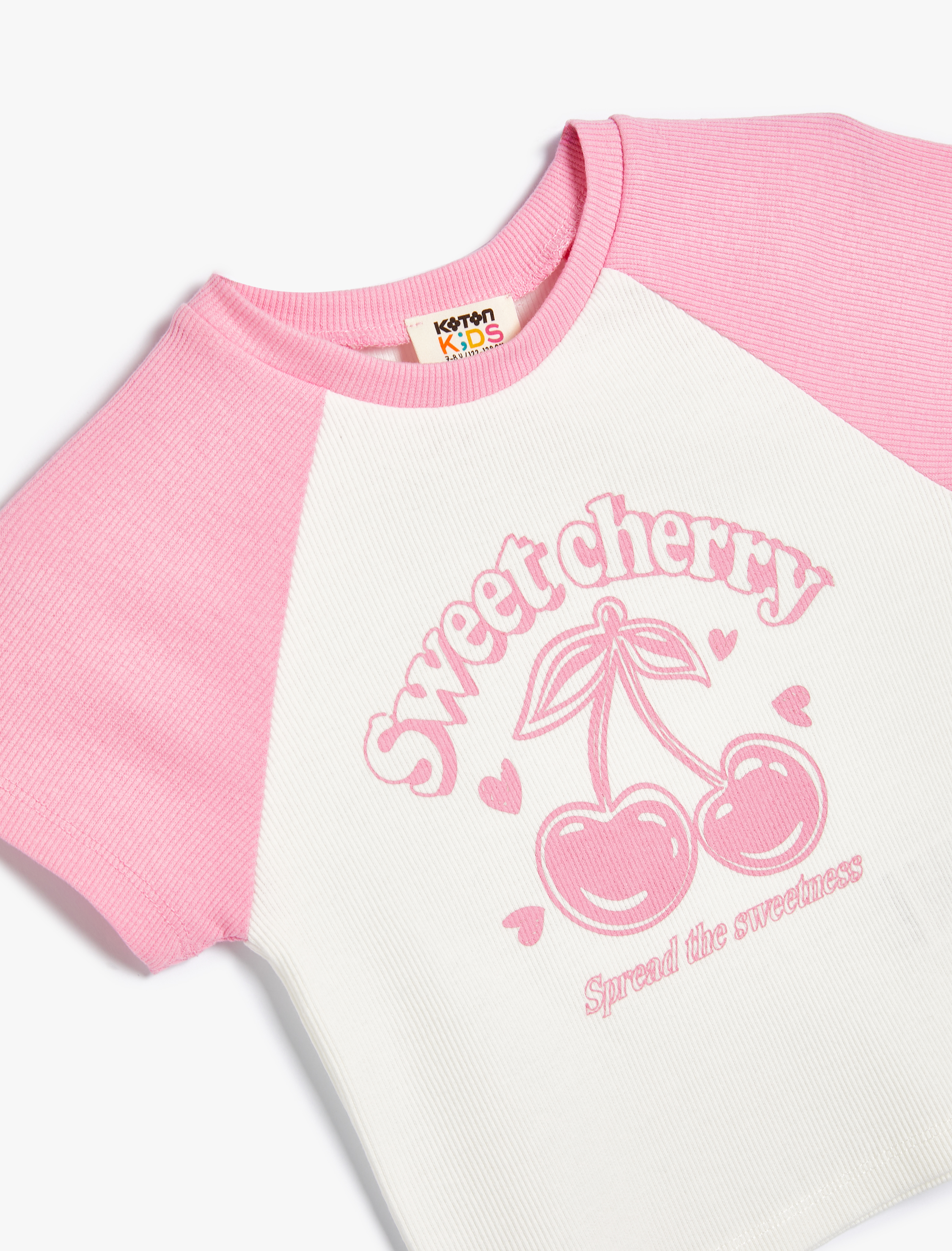  Kız Çocuk Tişört Kiraz Baskılı Kısa Kollu Bisiklet Yaka Dokulu  Pamuklu