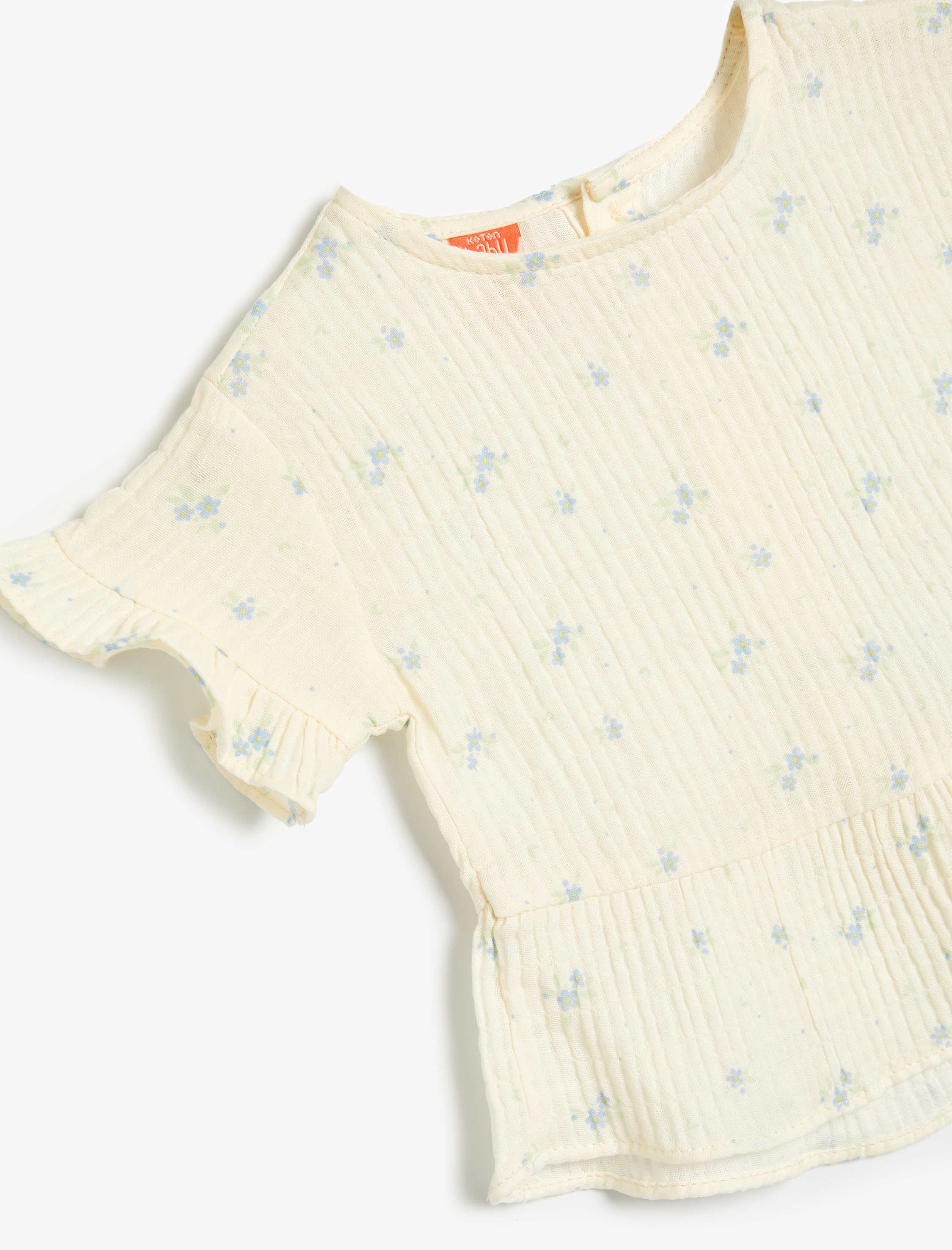  Kız Bebek Çiçekli Bluz Kısa Kollu Bisiklet Yaka Dokulu Fırfır Detaylı Pamuklu