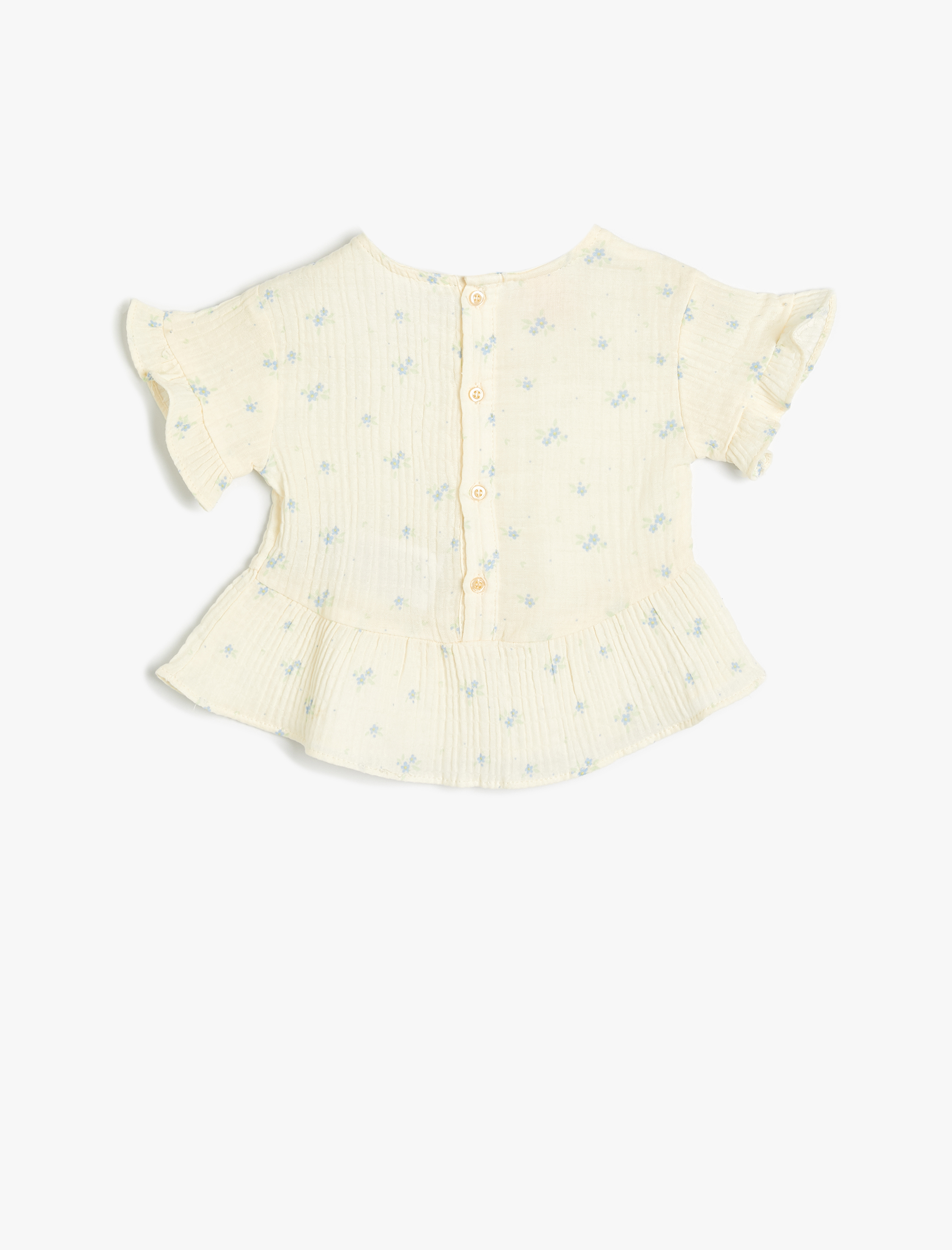  Kız Bebek Çiçekli Bluz Kısa Kollu Bisiklet Yaka Dokulu Fırfır Detaylı Pamuklu