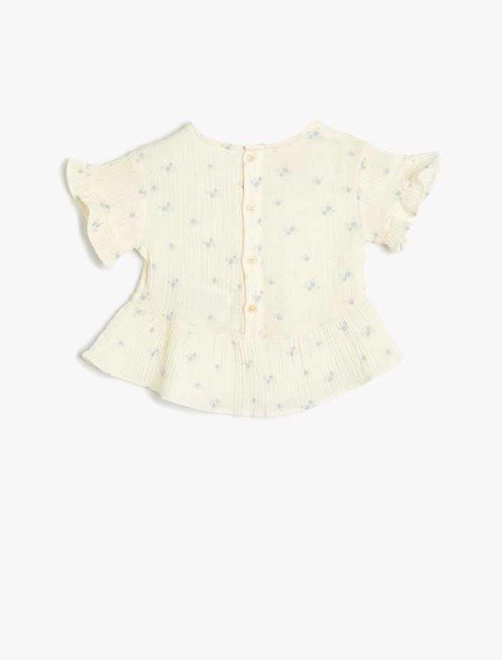 Kız Bebek Çiçekli Bluz Kısa Kollu Bisiklet Yaka Dokulu Fırfır Detaylı Pamuklu