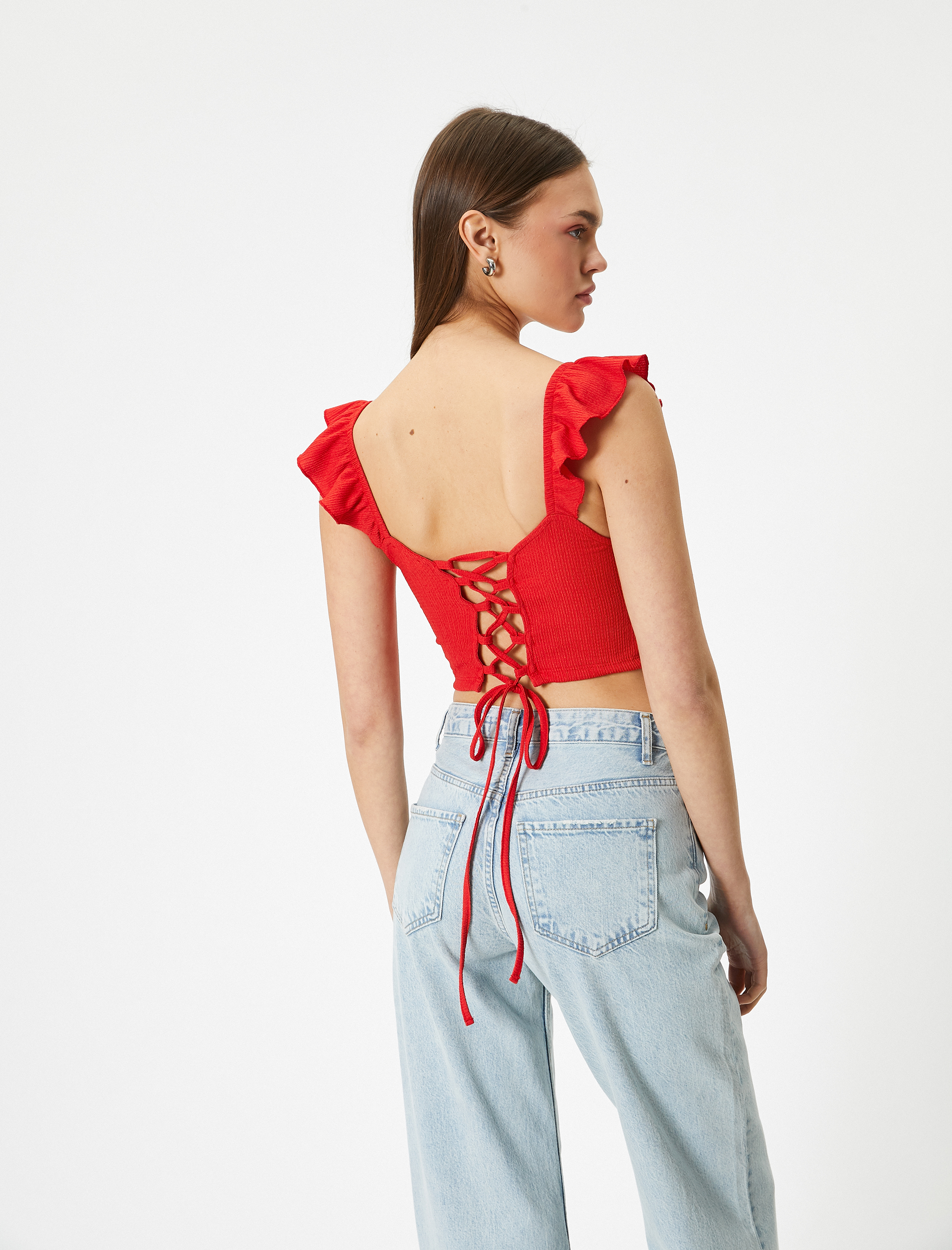   Fırfırlı Crop Büstiyer Arkası Bağlamalı Kolsuz Kalp Yaka Slim Fit Bürümcük