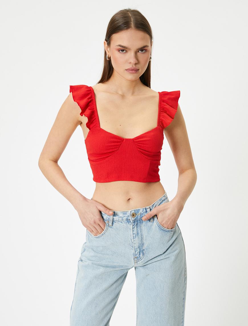   Fırfırlı Crop Büstiyer Arkası Bağlamalı Kolsuz Kalp Yaka Slim Fit