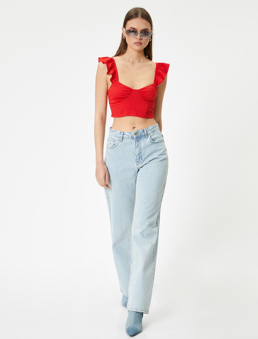   Fırfırlı Crop Bluz Arkası Bağlamalı Kolsuz Kalp Yaka Slim Fit