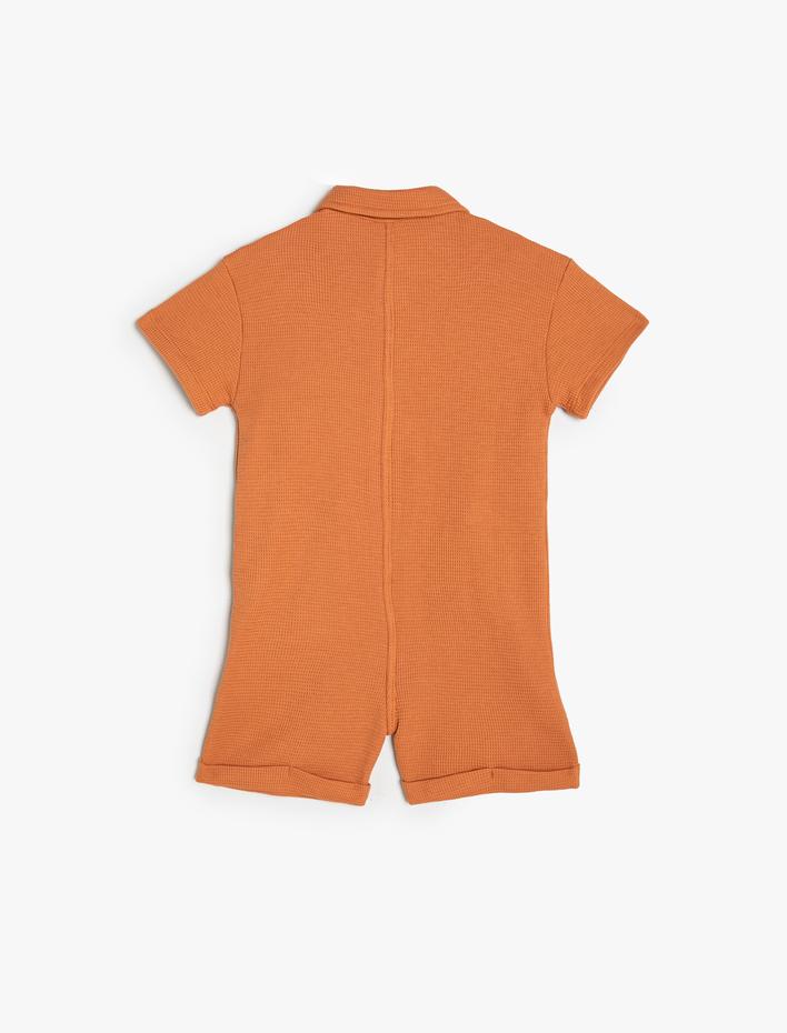 Erkek Bebek Kısa Tulum Dokulu Kaplan Aplikeli Düğme Detaylı Pamuklu