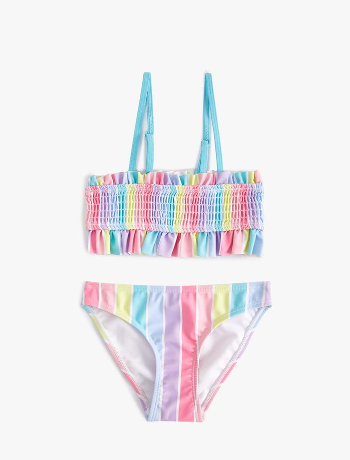 Kız Çocuk Çizgili Bikini Takımı Fırfırlı İnce Askılı
