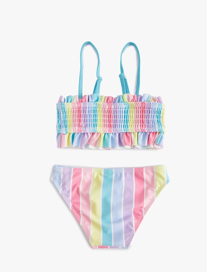 Kız Çocuk Çizgili Bikini Takımı Fırfırlı İnce Askılı