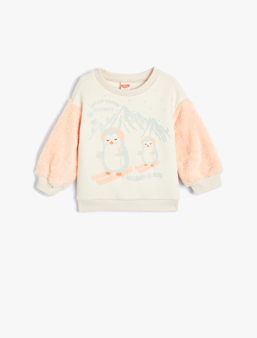  Kız Bebek Penguenli Sweatshirt Bisiklet Yaka Peluş Detaylı Uzun Kollu Şardonlu