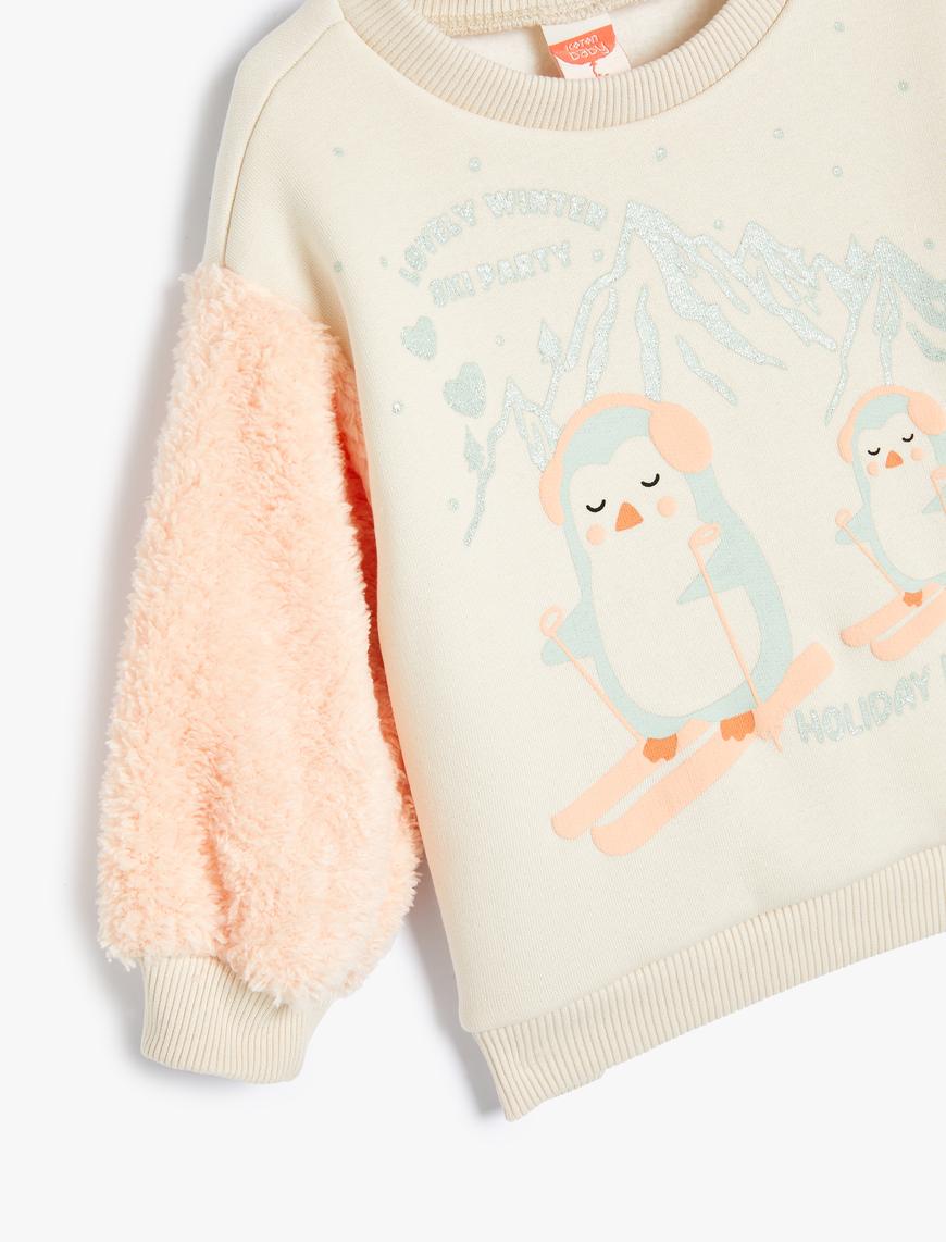  Kız Bebek Penguenli Sweatshirt Bisiklet Yaka Peluş Detaylı Uzun Kollu Şardonlu
