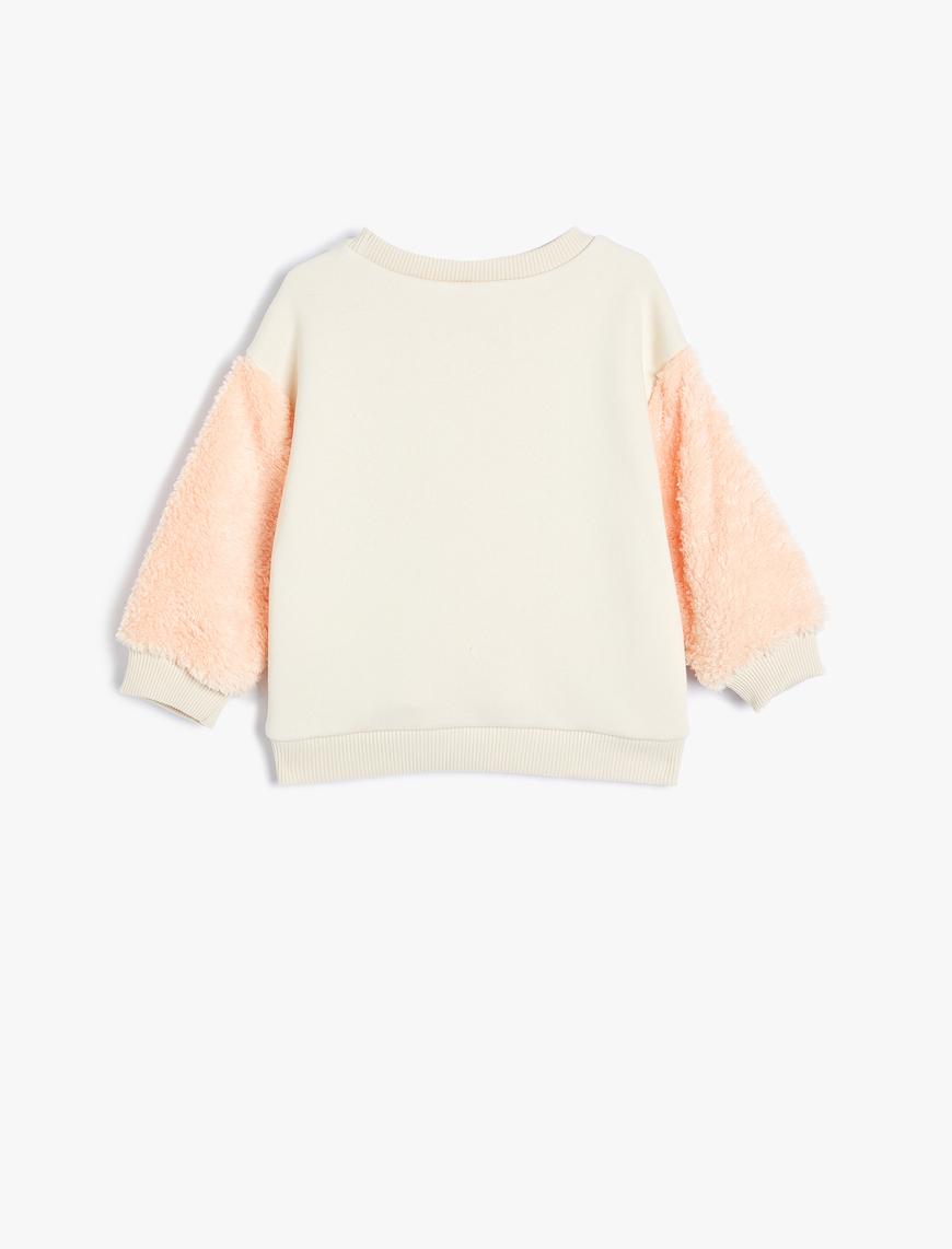  Kız Bebek Penguenli Sweatshirt Bisiklet Yaka Peluş Detaylı Uzun Kollu Şardonlu