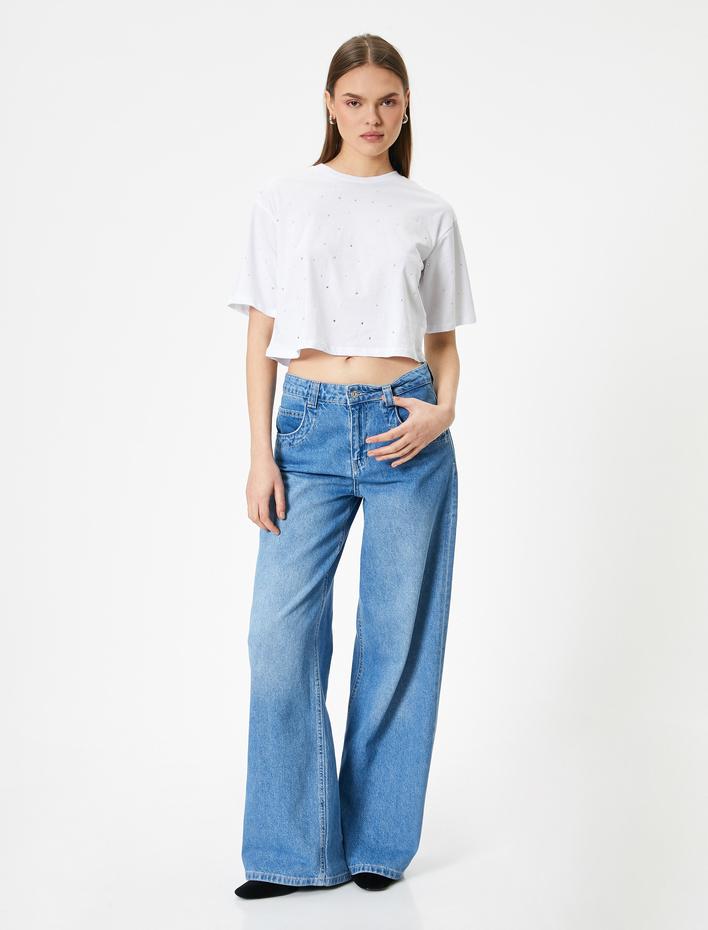  Taşlı Tişört Kısa Kollu Bisiklet Yaka Pamuklu Rahat Kalıp