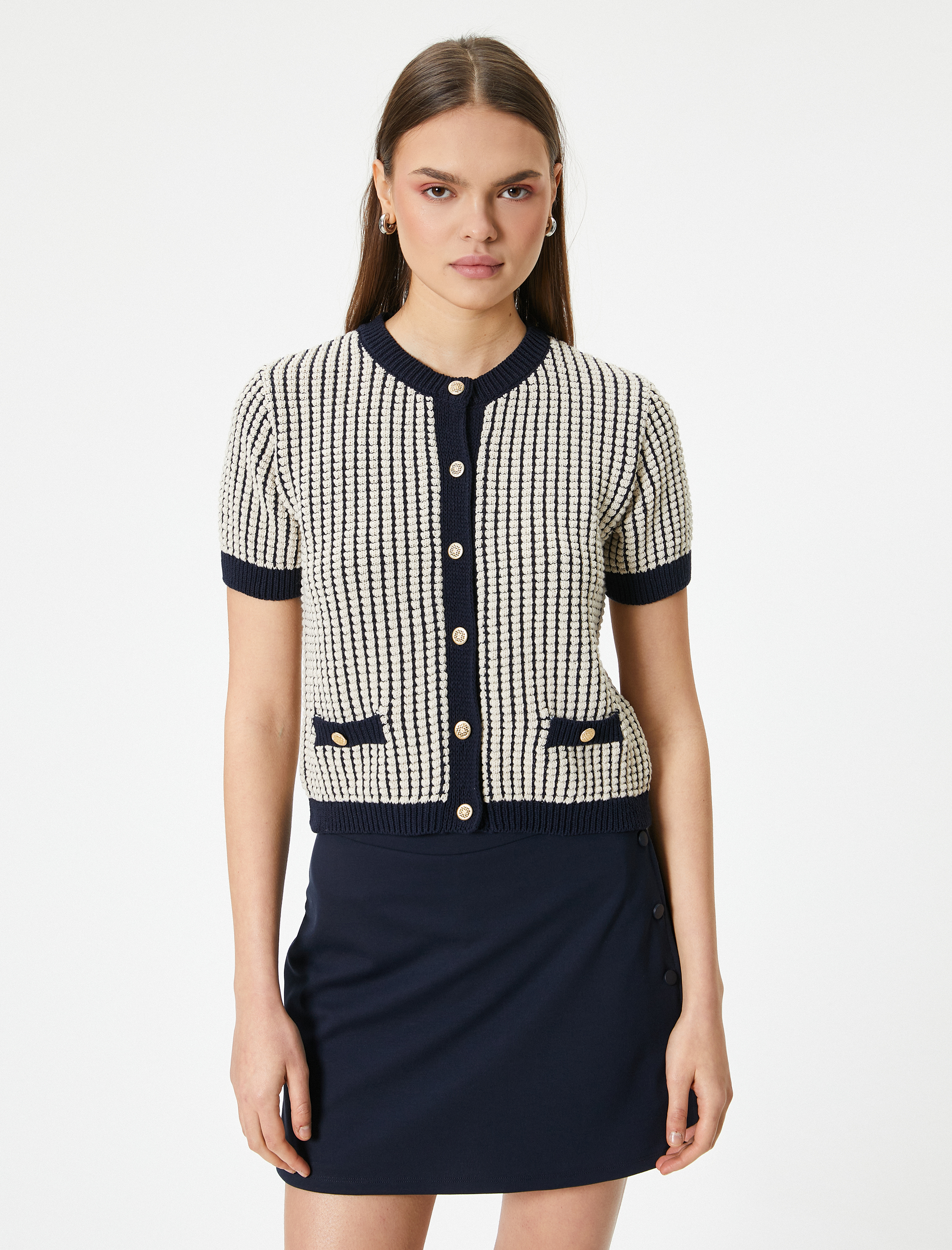   Kısa Kollu Kısa Hırka Gold Düğmeli Cepli Bisiklet Yaka