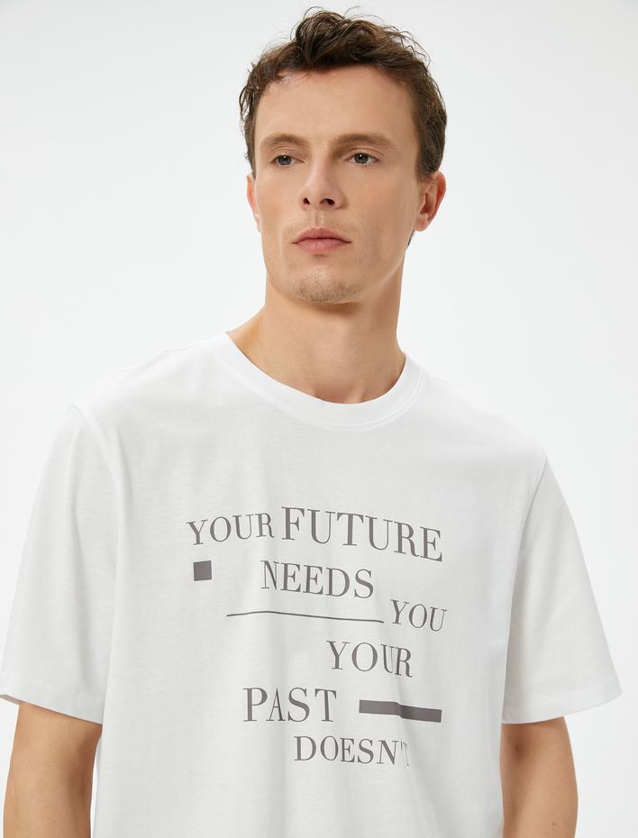  Slogan Baskılı Tişört Bisiklet Yaka Kısa Kollu Pamuklu