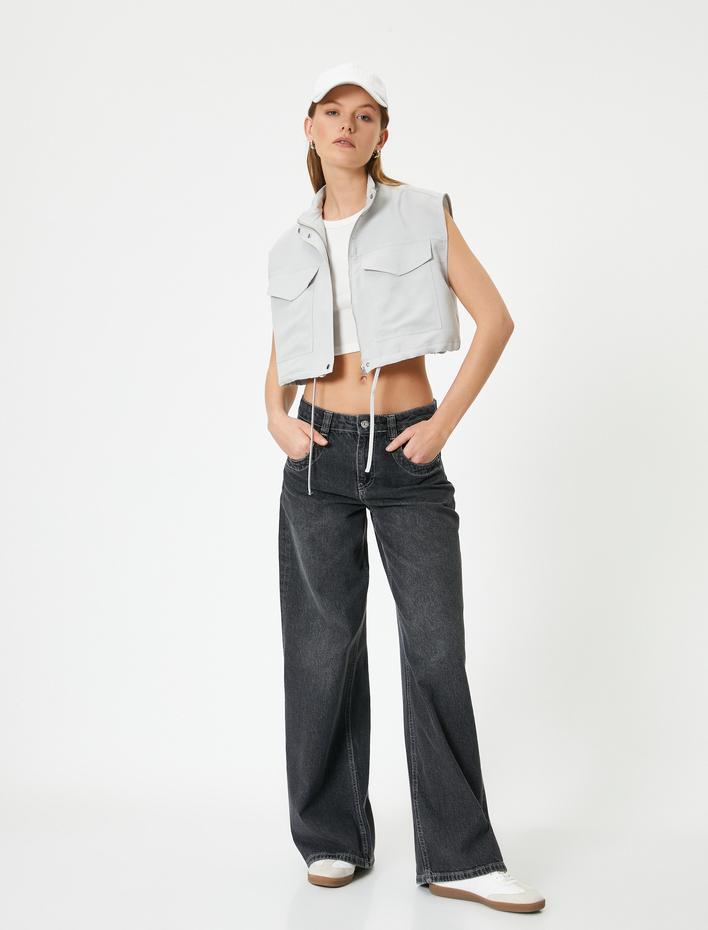  Crop Yelek Fermuarlı Kapaklı Cepli Dik Yaka