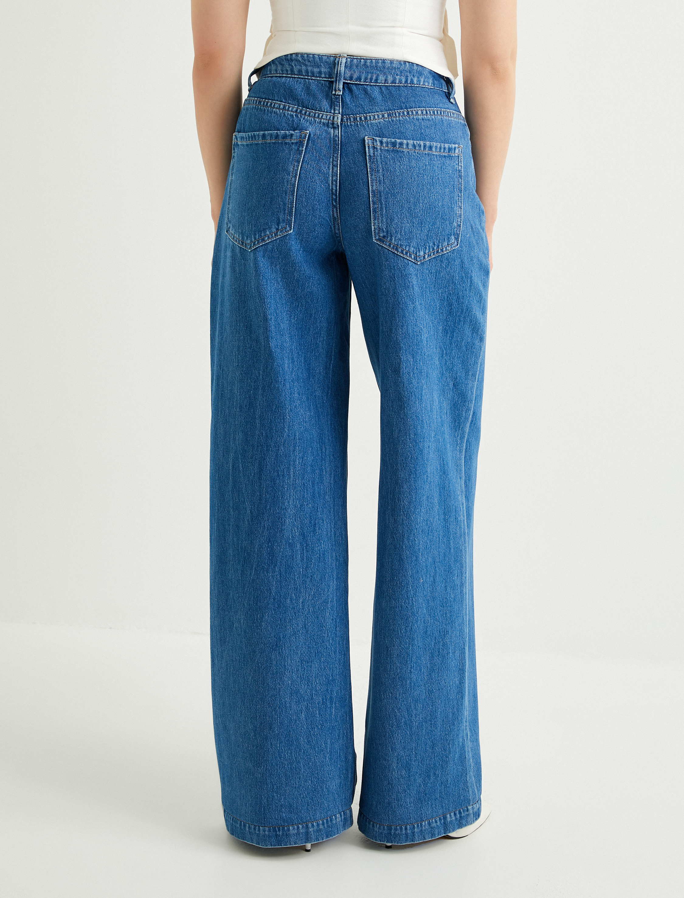   Bol Paça Kot Pantolon Yüksek Bel Cepli - Loose Fit Jeans