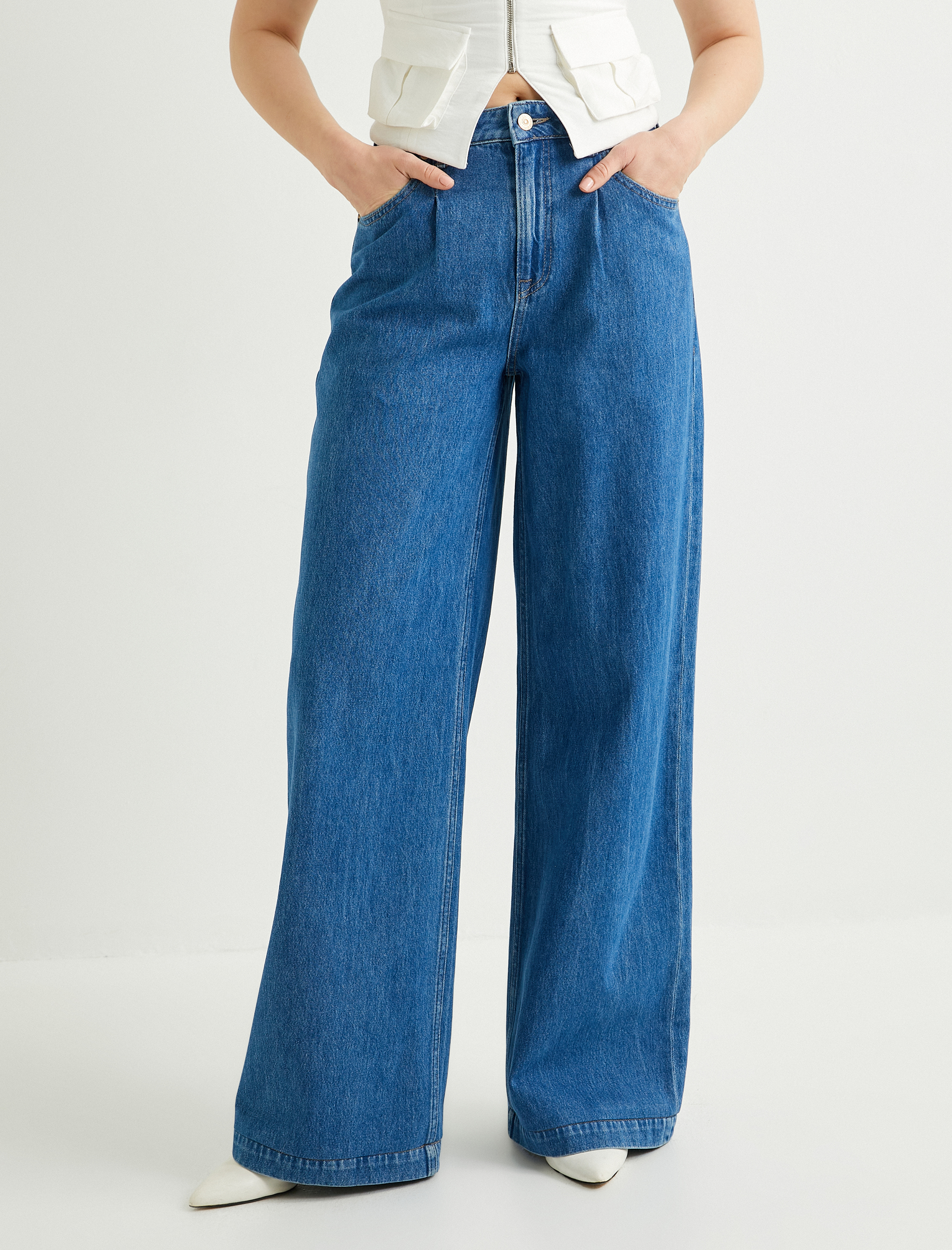   Bol Paça Kot Pantolon Yüksek Bel Cepli - Loose Fit Jeans