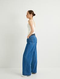 Bol Paça Kot Pantolon Yüksek Bel Cepli - Loose Fit Jeans