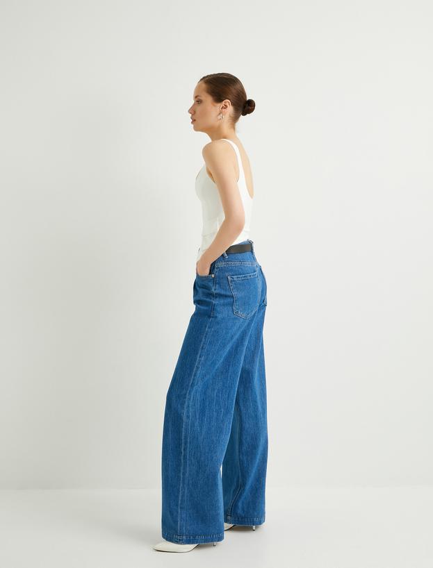 Bol Paça Kot Pantolon Yüksek Bel Cepli - Loose Fit Jeans_0