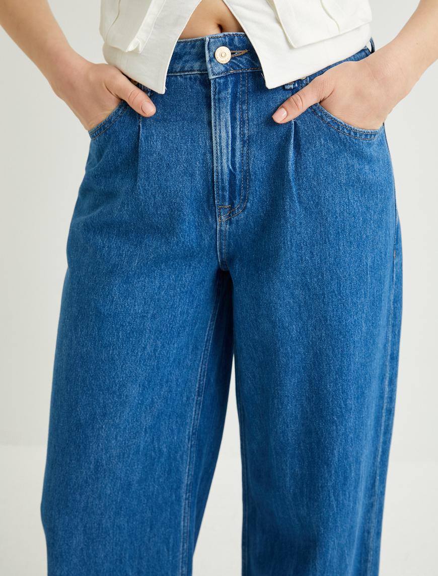   Bol Paça Kot Pantolon Yüksek Bel Cepli - Loose Fit Jeans