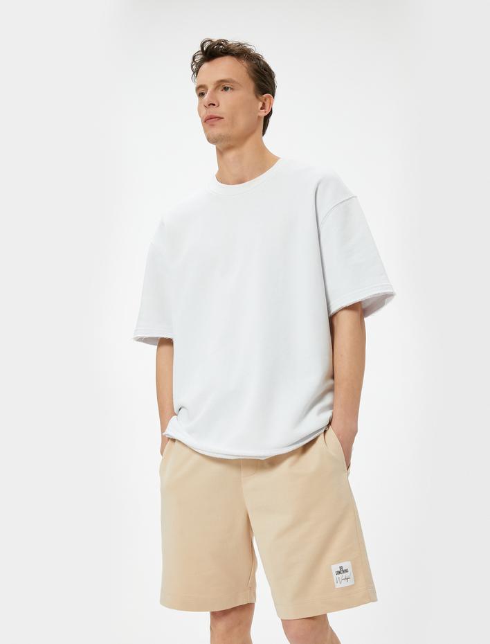  Bermuda Şort Beli Bağcıklı Etiket Baskılı Cepli