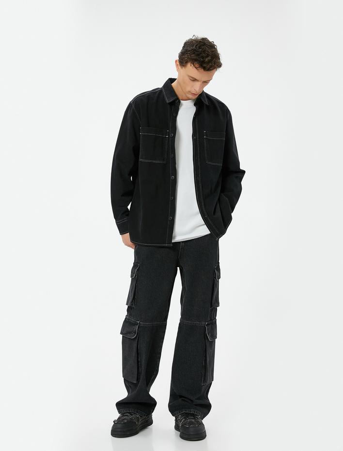  Oversize Düğmeli Kargo Cep Detaylı Kot Pantolon