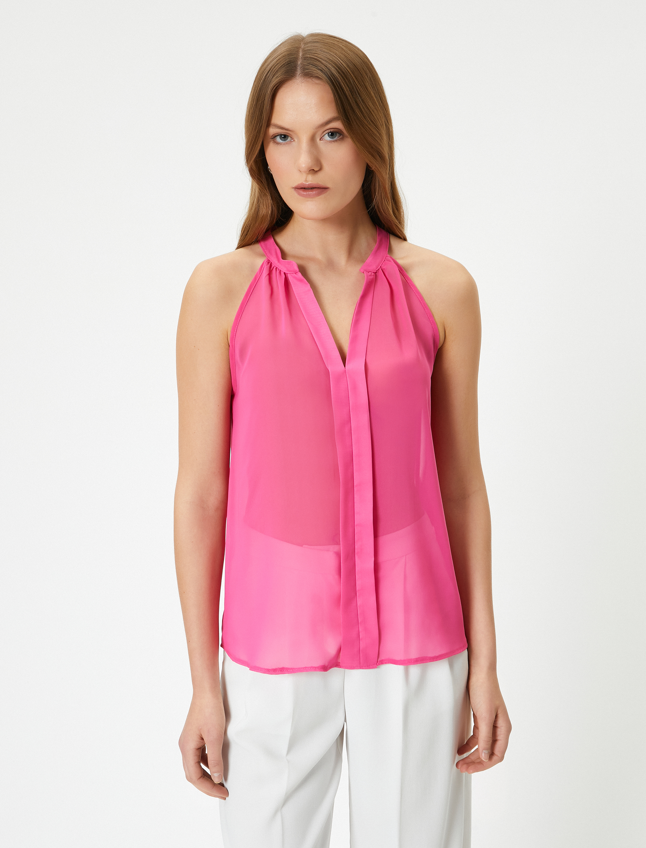 Halter Yaka Bluz Şifon Transparan Kolsuz