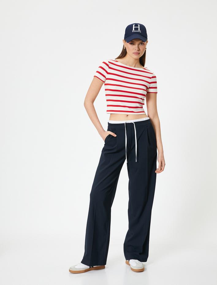  Kısa Kollu Crop Penye Tişört Bisiklet Yaka Slim Fit